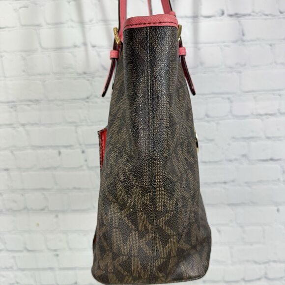 Michael Kors Tore Shoulder Bag Women Monogram MK logo Brown Pink Medium Jet Set - Picture 9 of 16